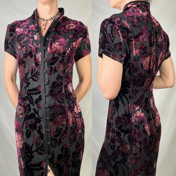 SOLD Jones New York velvet floral burnout maxi dress gown silk cheongsam - Picture 11 of 14